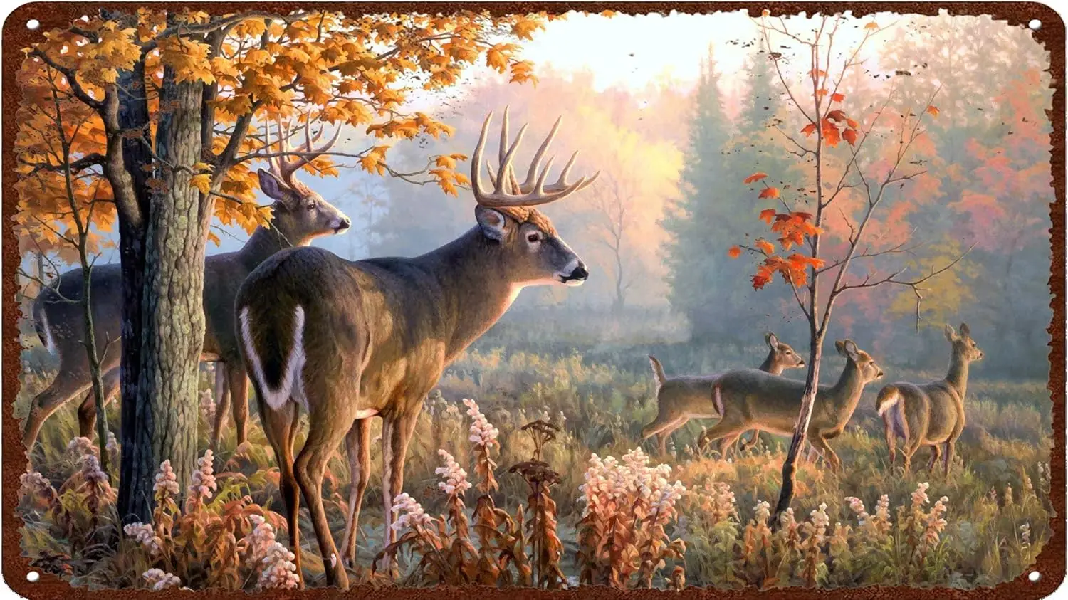 Y1,Autumn Whitetail Deer -Tin Metal Tin Sign Plate Wall Art Decor -Vintage Style Ornament Coffee ; Ba