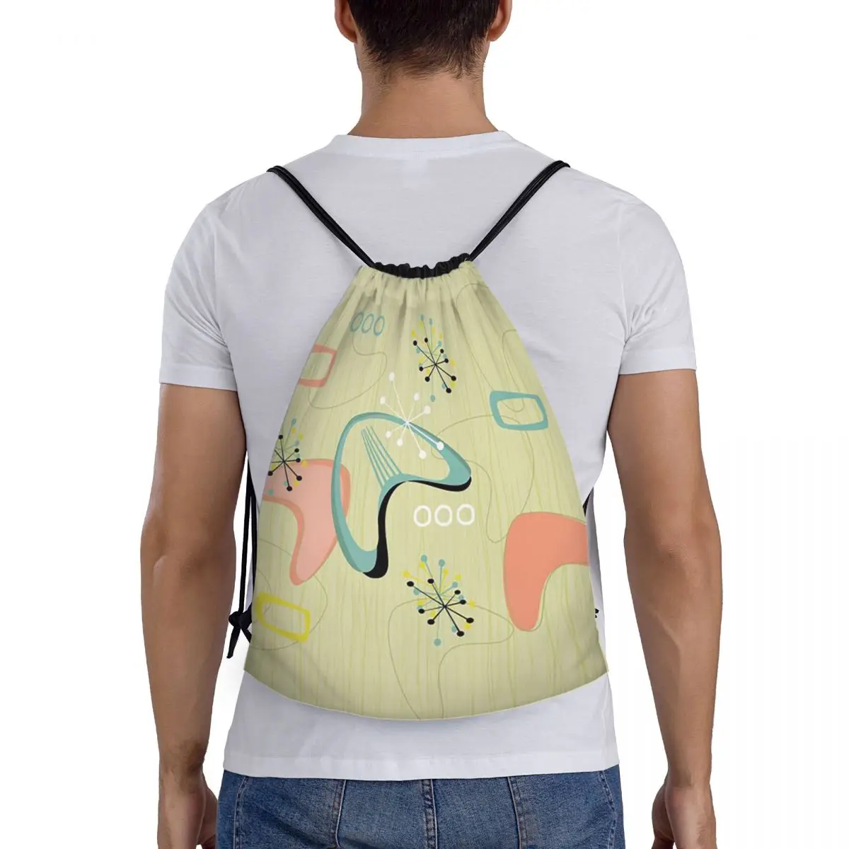 

Retro Eames-Era Atomic Inspired Geometry Pattern Backpacks Drawstring Bundle Pocket Sundries Bag Book Bags for Travel Students