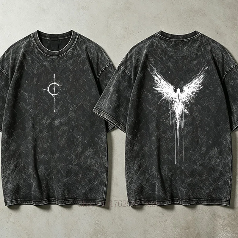Gothic Angel Wings Print Washed T-Shirt Summer Women Casual Fashion Vintage Streetwear Y2K Tops O-Neck Short Sleeve Washed Tees