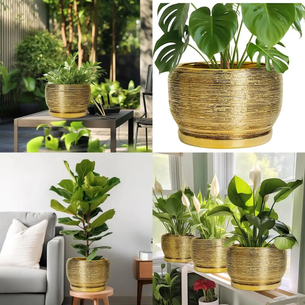 

10-дюймовый круглый декоративный цветочный горшок с дренажным отверстием и поддоном, подходит для комнатных и уличных растений, золотистое покрытие, идеально подходит для