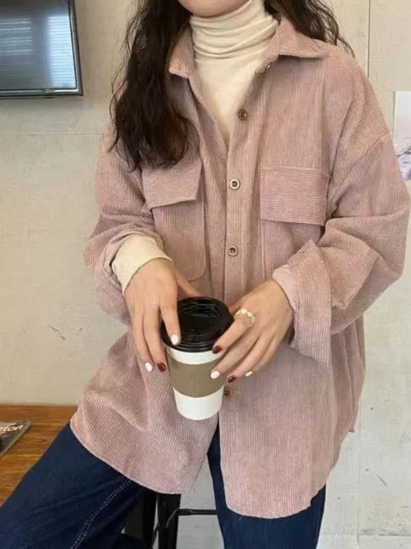 موضة جديدة ريترو تنوعا معطف واحد الصدر طوق سروال قصير قميص طويل الأكمام المرأة الأعلى #3