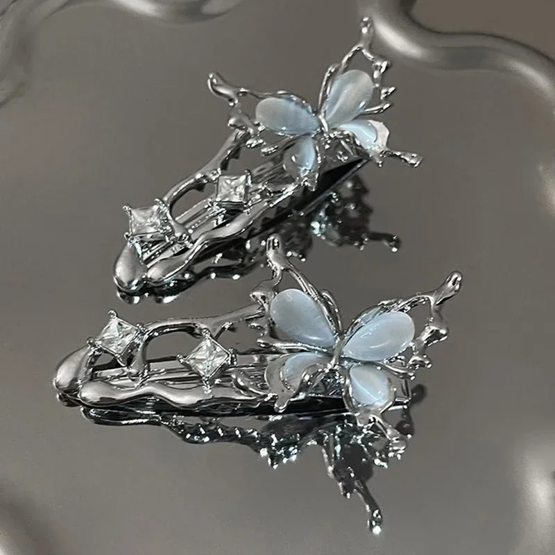 1/2pcs Y2K Irregular Liquid Metal Hairpin Butterfly Zircon Hair Clips Girl Fashion Silver Bang Clip For Women Hair Accessories