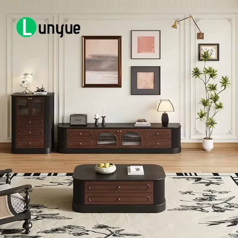 Modern Tempered Glass TV Stand Wooden Cabinet Simple Fashionable Retro Design Living Room Furniture Storage Console Table