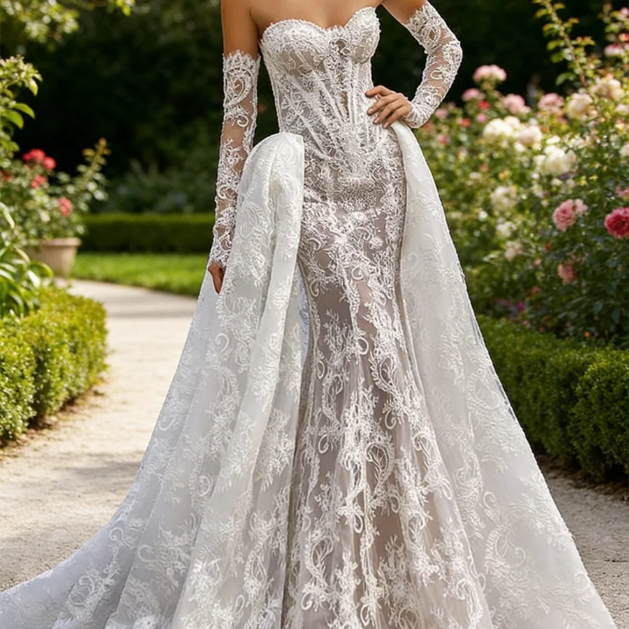 Elegant Sweetheart Sheath Detachable Train Mermaid Bride Wedding Dresses Bridal Gowns Customized
