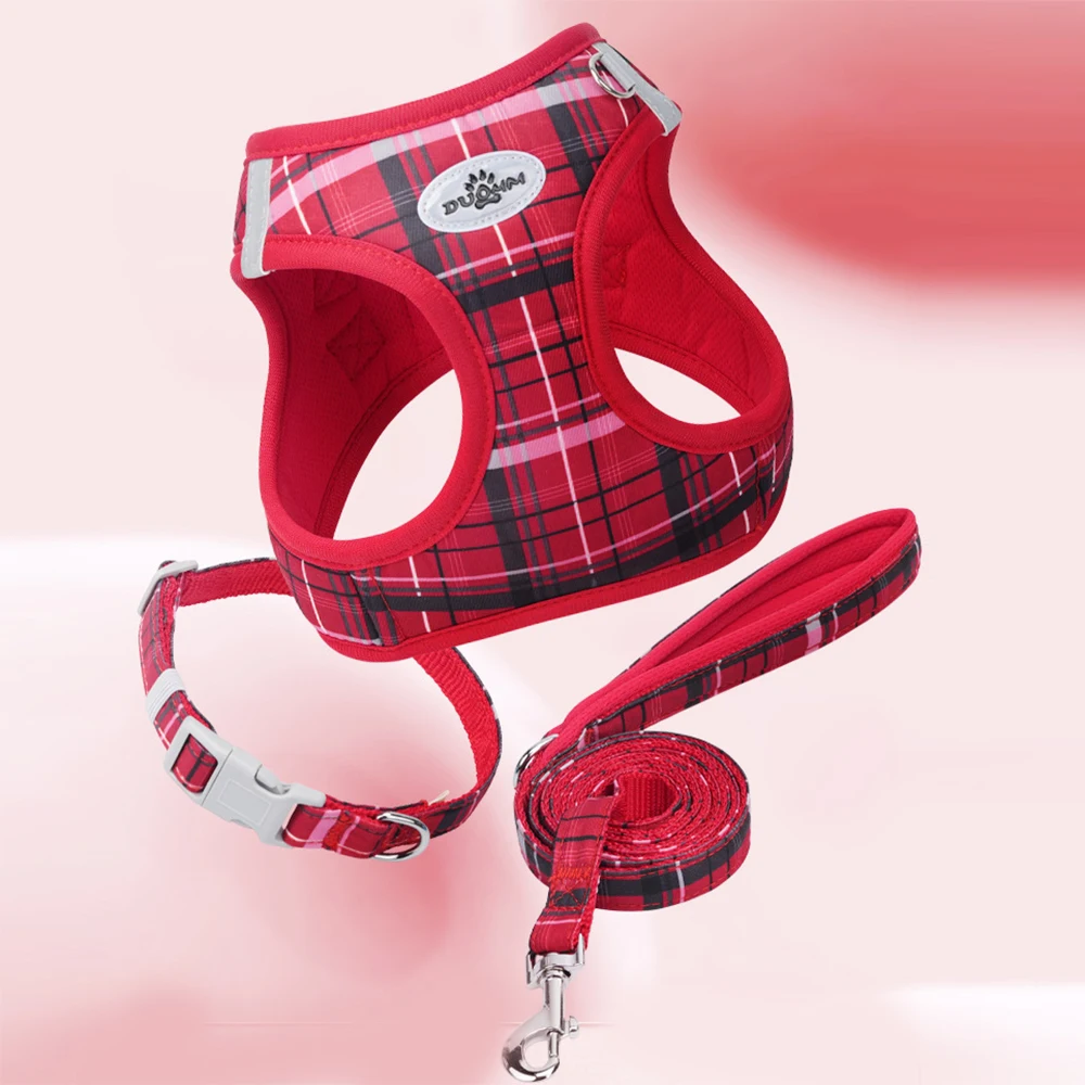 New! Plaid 3-Piece Leash Set For Cats & Dogs - Adjustable, Durable & Comfortable Pet Walking Accessories, Trendy Matching Collar_voghion.com