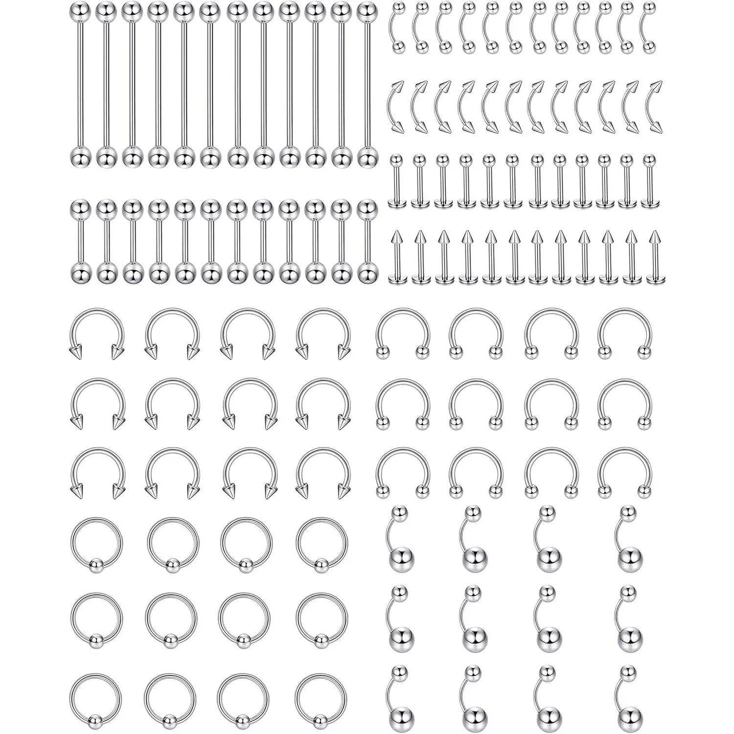 

ORAZIO 120Pcs Stainless Steel Body Piercing Lot Nose Ring for Women Men Horseshoe Lip Tongue Eyebrow Navel Tragus Body Piercing