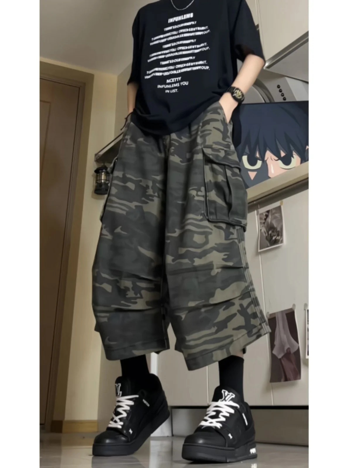

American Retro Camouflage Workwear Jeans Shorts Men's Straight Leg Wide Leg Pleated Seven-Foot Pants Slimming Eight-Foot Pants