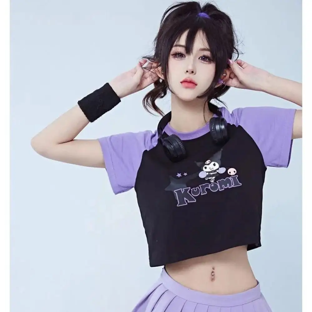 Cartoon Short Sleeve Sanrios Kawaii Kuromi T-Shirt Anime Figure Navel Exposed Short Personality Student Hot Girl Trend Fashion