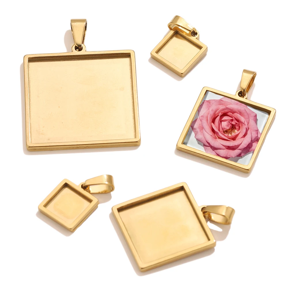 

5PCS 18K Vacuum Plated Stainless Steel Square Blank Pendant Bases Photo Cabochon Setting Trays for DIY Jewelry Making Bulk Whole