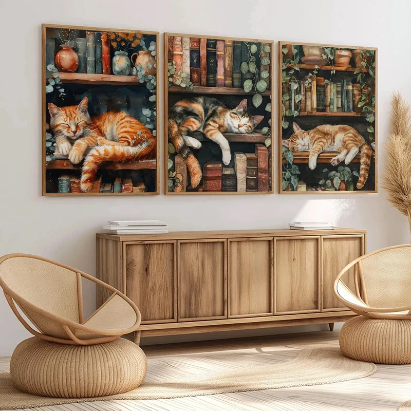 Cute Cat and Book Poster Victorian Moody Bookish Stack Books Canvas Painting Wall Art for Dark Academia Library Home Decor