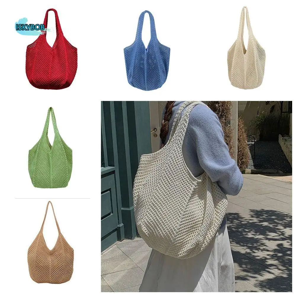 

Solid Color Knitting Shoulder Bag Hollow Out Large Capacity Bohemian Crochet Tote Bag Versatile Casual Woven Handbag Beach