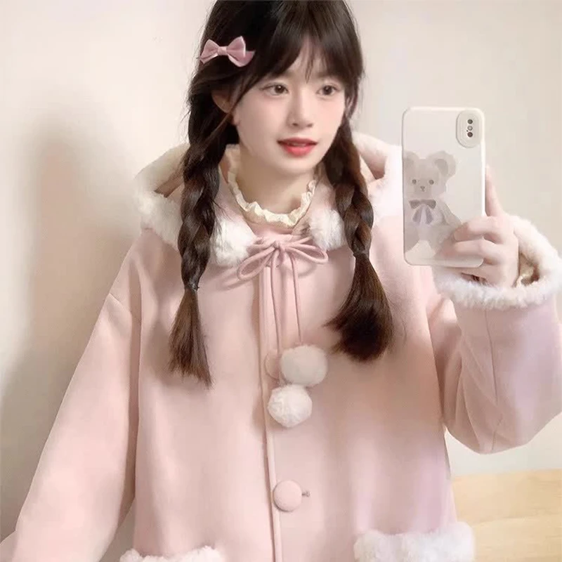 

Pink Cute Lamb Fur Coat Winter New Sle Small Size Medium Length Thiened Woolen Jaet Women's Faion Commute Sle Coat