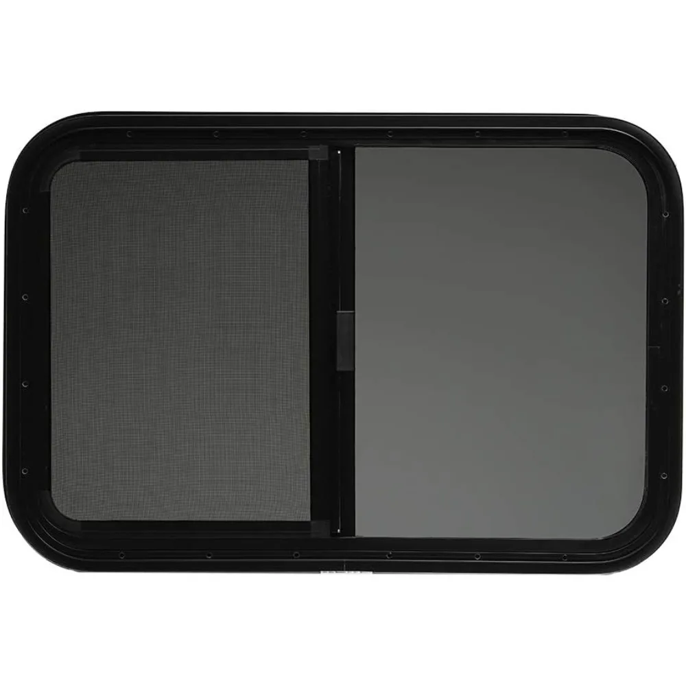 نافذة RV سوداء منزلقة أفقية مقاس 30 × 20 بسمك 1.5، وحلقة تركيب وشاشة سفلية متضمنة