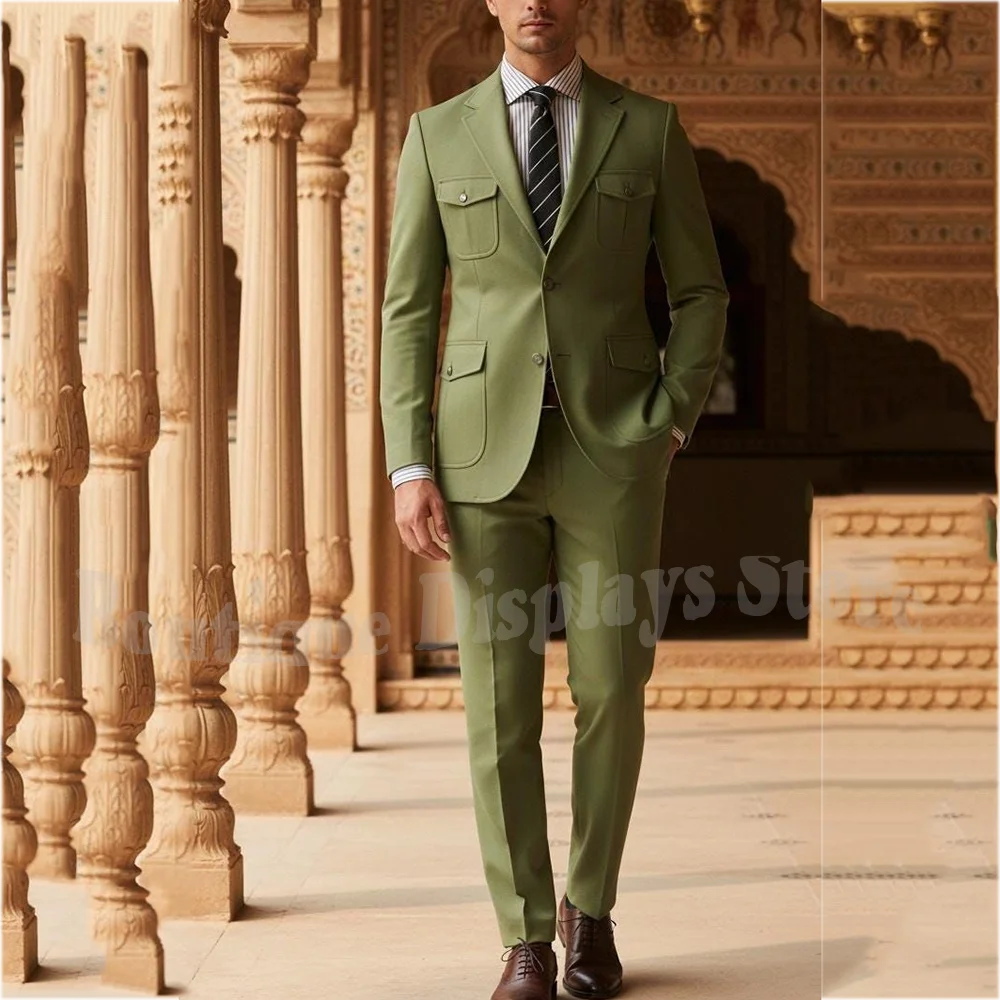 Smart Casual Men Suits Two Pieces Slim Fitted Solid Color Multi Pocket Formal Clothes Set Business Casual Wedding Groom Outfit
