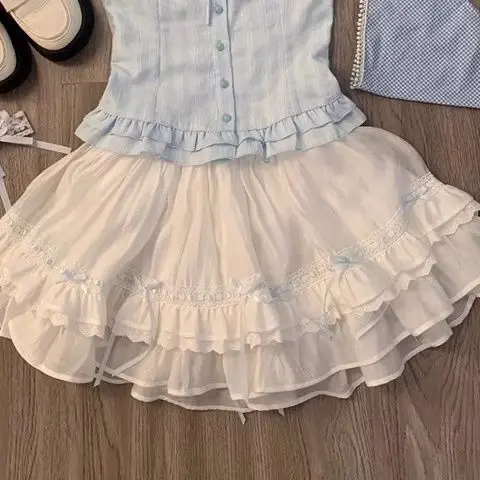 Dolce Sottile Set da 2 pezzi Manica corta Y2k Abiti da donna vintage O-Collo Punk Abito da ballo Harajuku Corea Abito con fiocco Goth Fairy Grunge