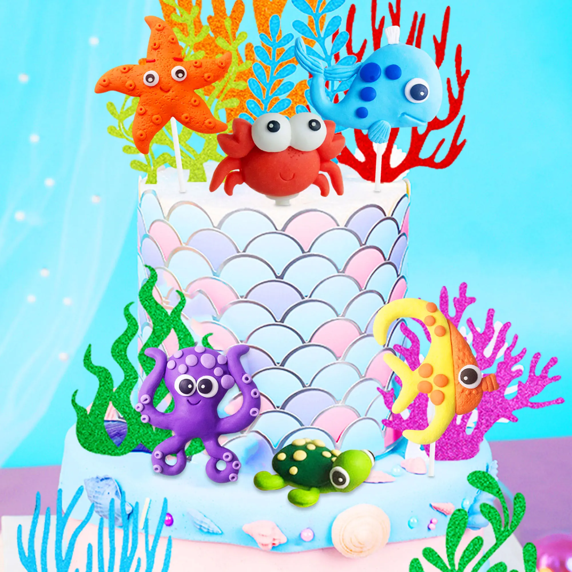 LaVenty Under the Sea Cake Toppers Ocean Animal Cupcake Toppers Ocean Sea Theme Gender Reveal Birthday Party Cake Decorations