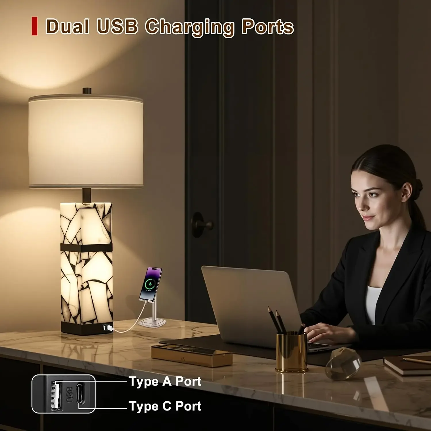 27" Alabaster Table Lamps Set of 2 with Night Light & USB A+C Ports for Living Room Bedroom, Linen Shade, Bulbs Included view 4