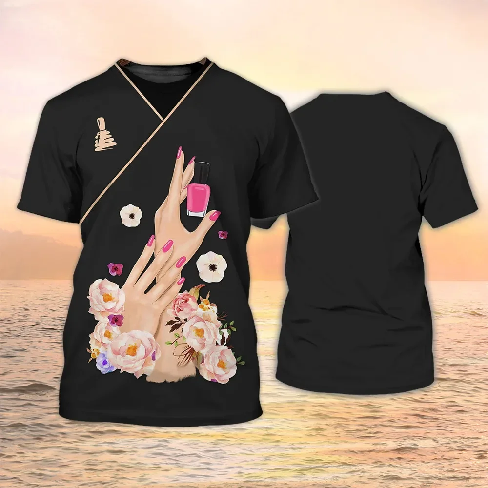 Zomer Hete Nieuwe Mode Dames T-Shirt Schoonheidsspecialiste Nagelverbetering 3d Bedrukt T-Shirt Neutraal Casual Shirt Top Uniform