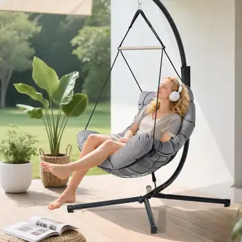 Silla colgante tipo huevo con soporte para exteriores, columpio interior, hamaca con cojín grueso extraíble y lavable, 350 libras, resistente 8 best sales Columpio de interior - №8
