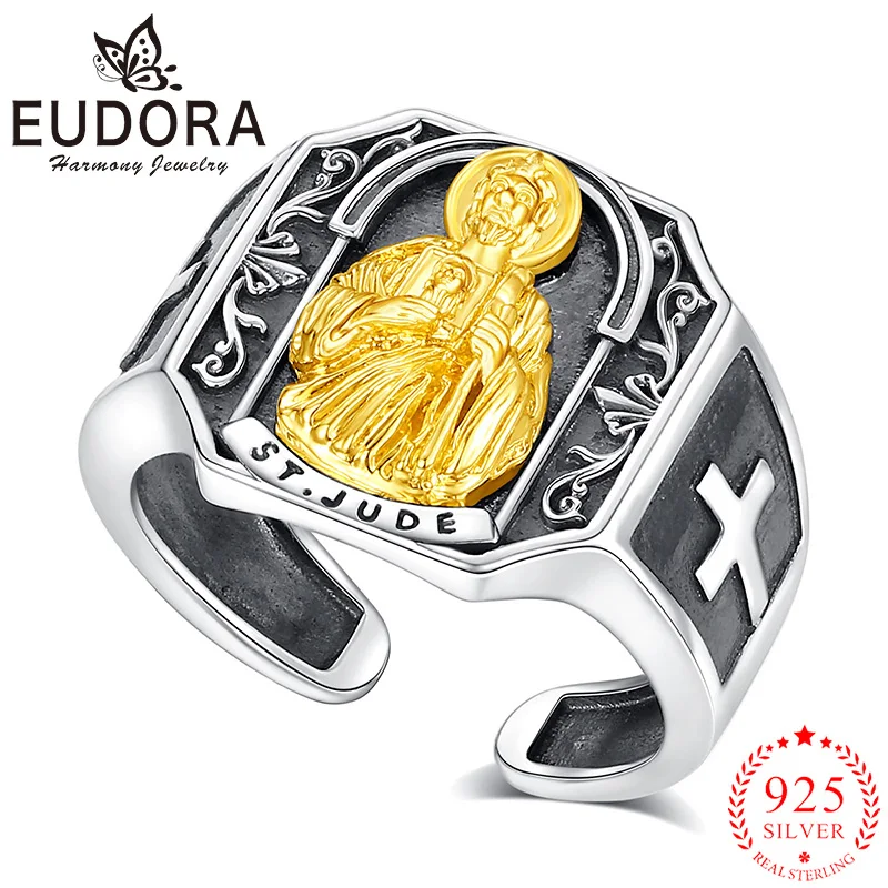 

Eudora 925 Sterling Silver Saint Jude Ring Vintage Adjustable Cross Ring Catholic Jewelry Religious Gift for Men Women