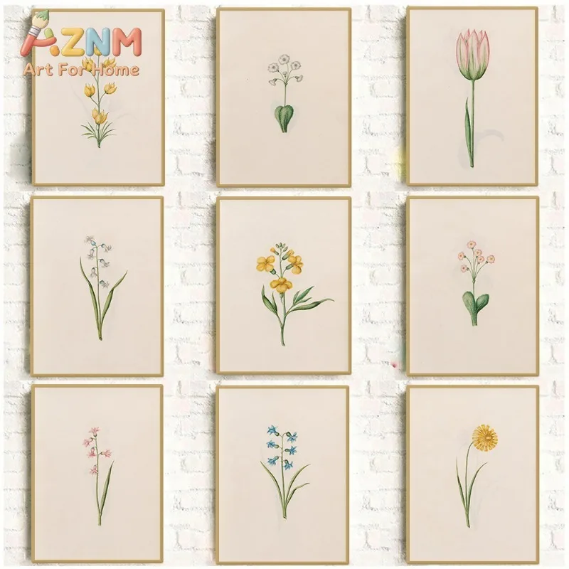 Vintage Spring Floral Plant Illustration Poster Colourful Wildflower Botanical Canvas Painting Wall Art Nursery Room Home Decor