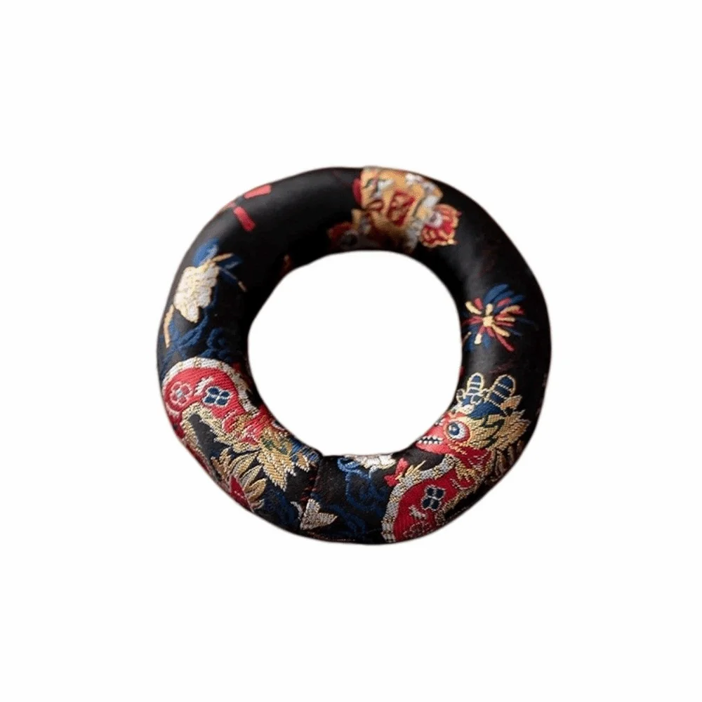 Nepalese Dragon Design Singing Bowl Mat Brocade Non Slip Sound Copper Out Mat Traditional Donut Shape Wooden Fish Coaster Yoga