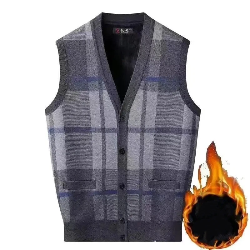 Men's New Middle-aged Elderly Plus Velvet Sweater Cardigan Vest V-neck Large Size Loose Waistcoat Autumn Winter Vest