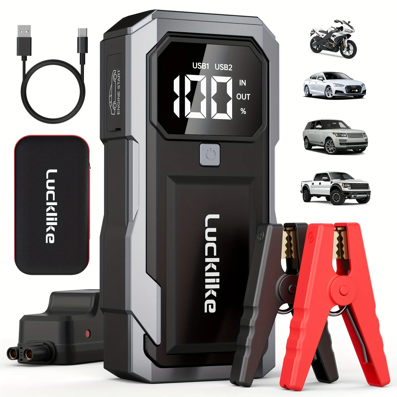 

5000A Portable Car Battery Jump Starter And 12V Car Battery Charger - Lucklike Battery Pack for 2.11gal Gas/1.85gal Diesel Engin