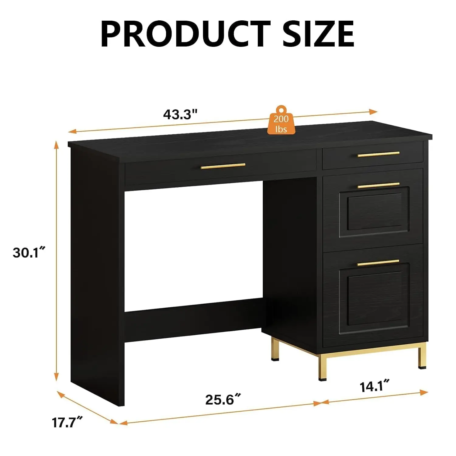 Modern Home Office Desk with Drawers & Golden Handles, Computer Table for Small Spaces, 47 inch, Black, Customized