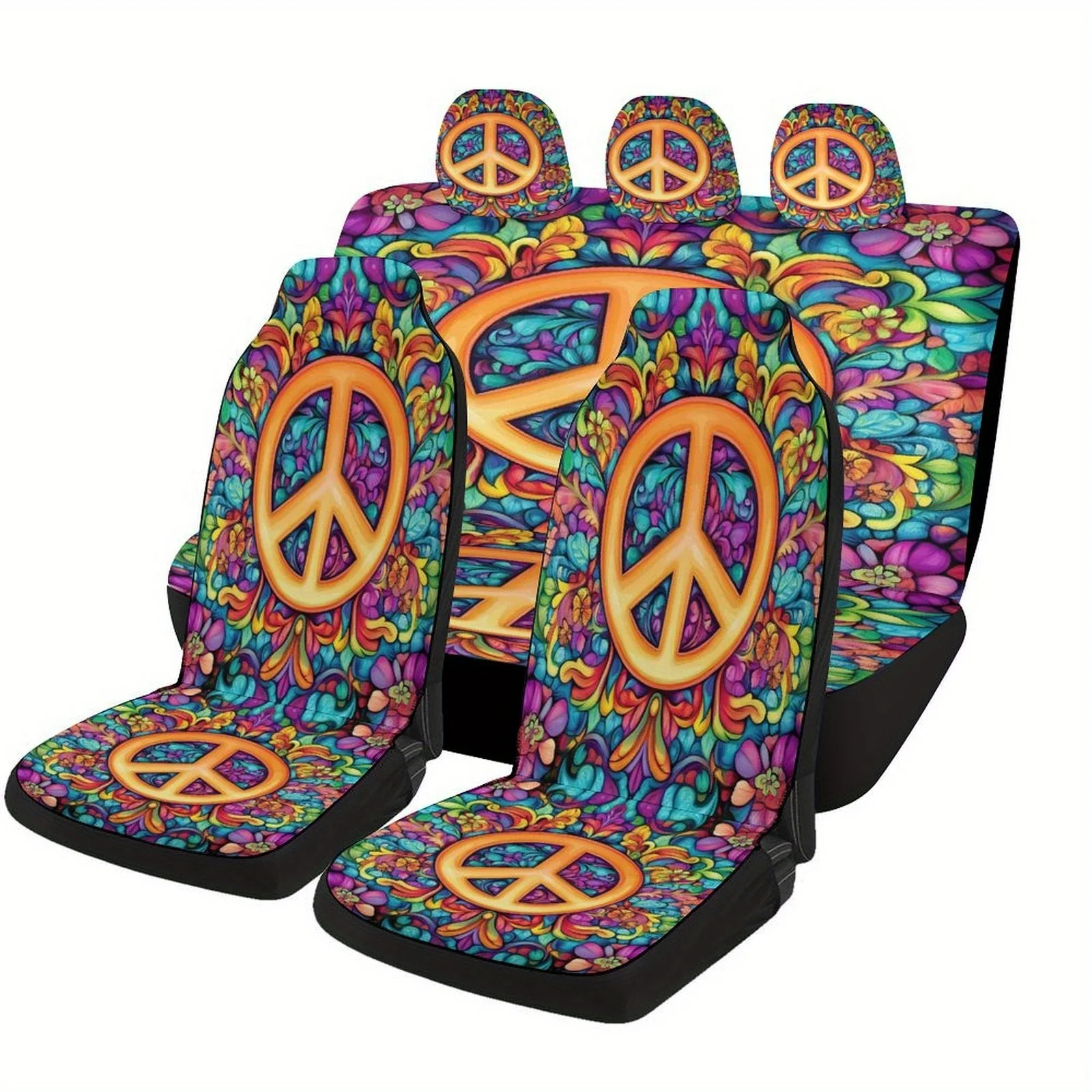 Set Of Car Seat Covers Featuring Peace Symbol Art, Designed To Fit Most Vehicles. These Stylish And Unique Seat Protectors Come