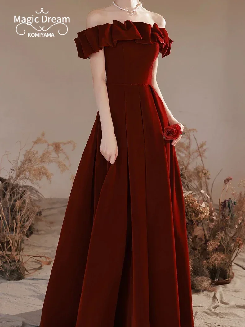 Elegant Temperment Shoulder Strapless Party Dresses Boat Neck Slim Waist Wedding Dresses Cross Lace Up Vintage Evenin