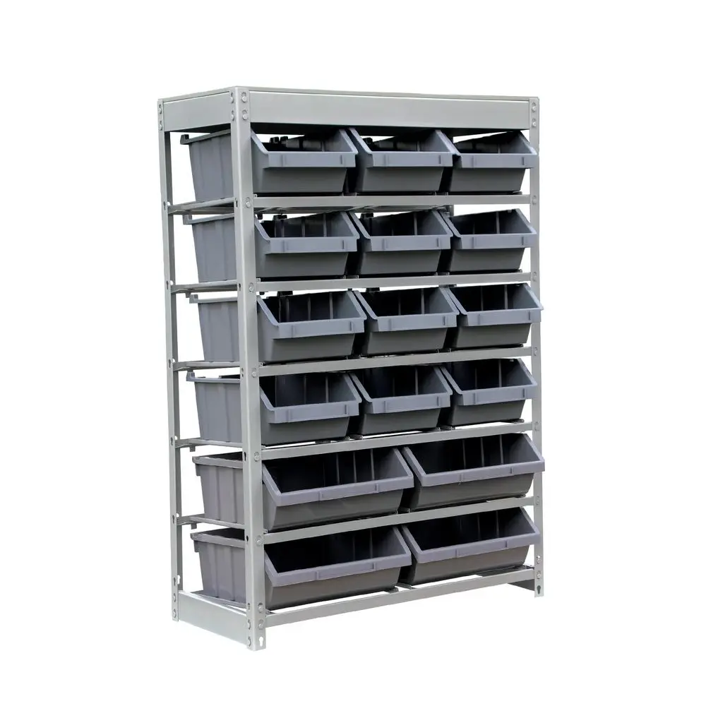 

Rack Storage System Heavy Duty Steel Rack Organizer Shelving Unit w 16 Plastic Bins in 6 tiers