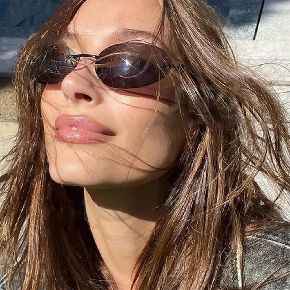 Gafas de sol retro ovaladas sin montura, estilo Y2K, gafas de sol de los años 2000, con protección UV400 y lentes degradados para mujeres y hombres