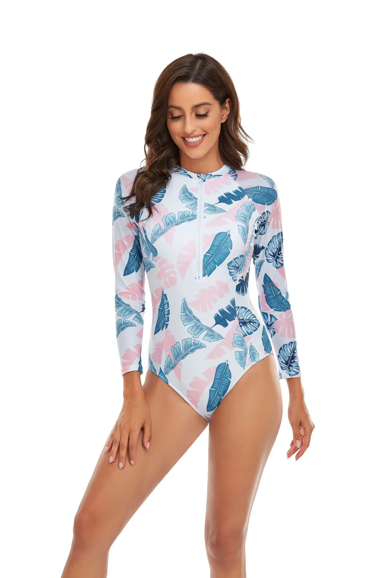 

New Summer Women's Sexy and Fashionable Solid Color Quick Drying Splicing Anti Croup Zipper Long Sleeve One Piece Swimsuit