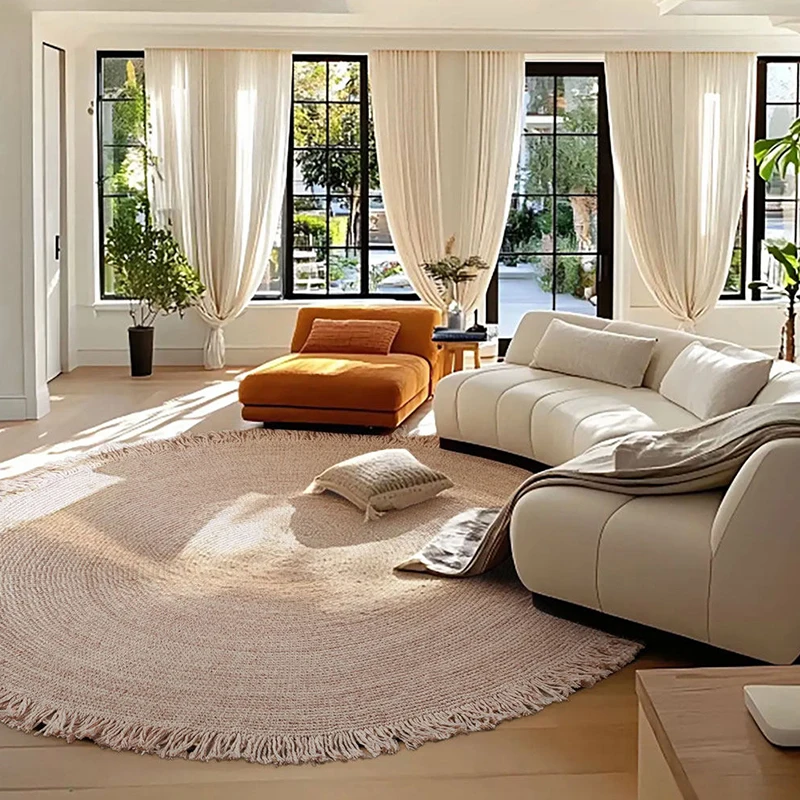 Handmade Round Carpet No Glue Tassel Cloakroom Round Rug Woven Sofa Living Room Area Rug Simple Solid Color Home Decor Bedside