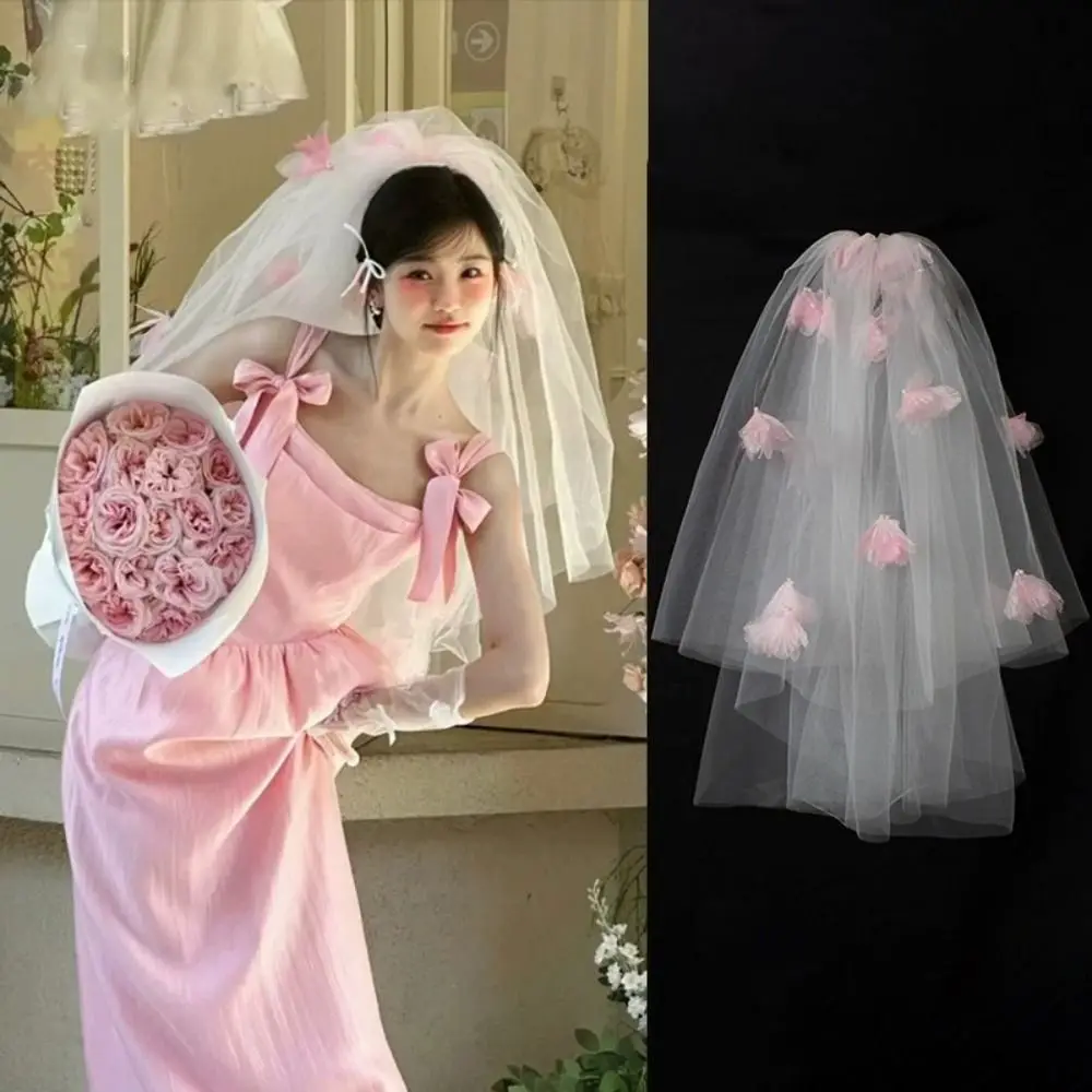 

New Pink Flower Bridal Veil White Tulle Wedding Veils Soft Lace Bride Head Gauze Wedding Accessories