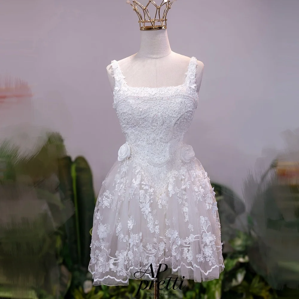 AP pretti Fantasy Lace Mini Wedding Dresses Square Neck Customized Sleeveless Mini-Length Bridal Gown A-line Vestidos De Novia