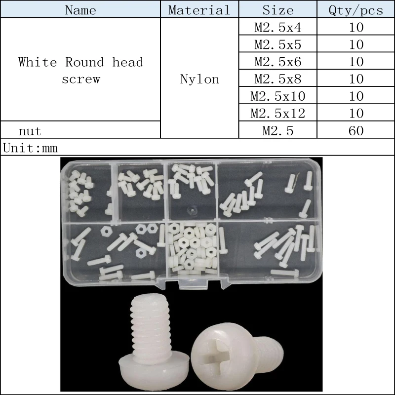 M2.5 m3 m4 m5 m6 máquina de plástico parafuso porca arruela caixa branco náilon phillipis cabeça redonda parafuso conjunto kit classificação parafuso náilon