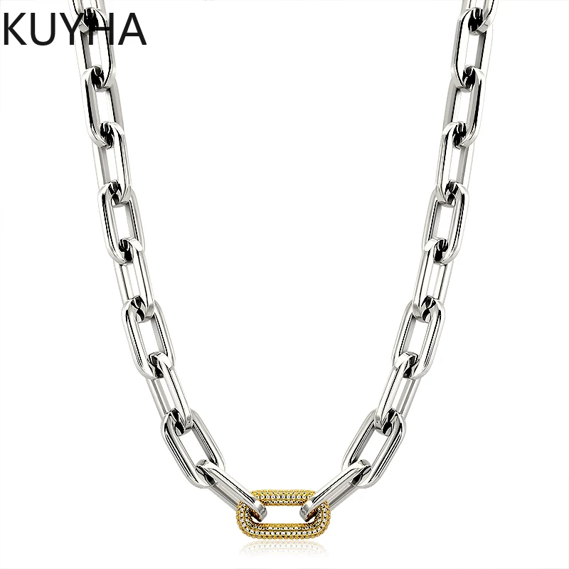 INS Fashion 18K Gold Silver Plated Minimalist Link Pendant Necklace Carabiner Lock Chunky Zircon Geometric Paperclip Design