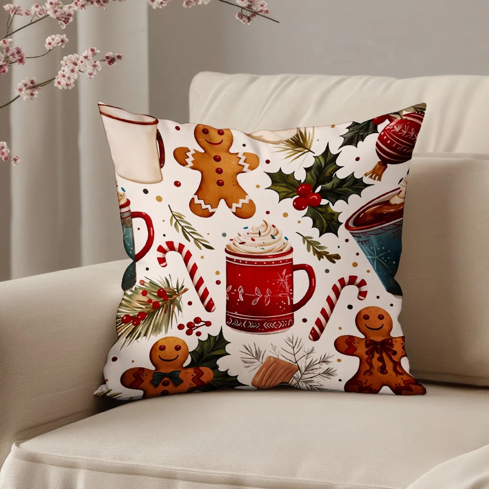 Square Throw Pillow Case White Christmas Gingerbread Man Hot Cocoa Candy Cane Holly Berry Print For Living Room Sofa Chair Home