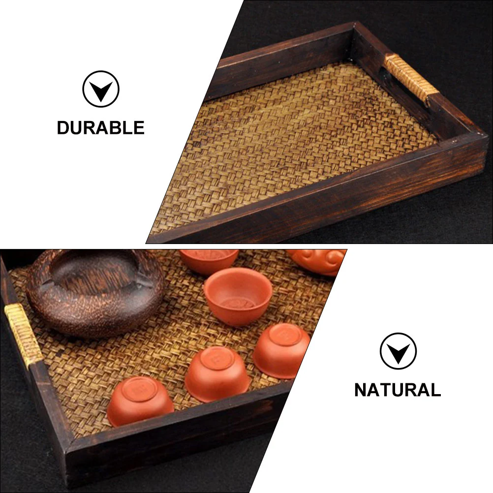 Wooden Pallet Weaving Tray Coffee Table Gongfu Tea Seagrass Storage Decor Fruits Serving Simple