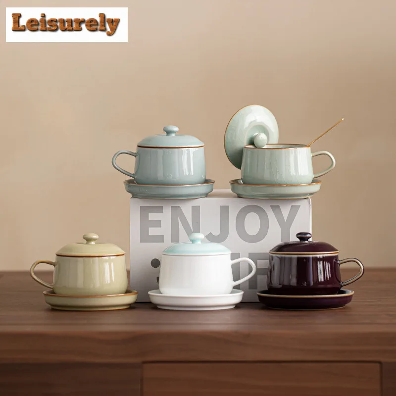 

220ml Five Famous Kilns Coffee Mug With Plate Oatmeal Breakfast Mug Afternoon Tea Mug Cup Saucer Kit Office Water Cup Tableware