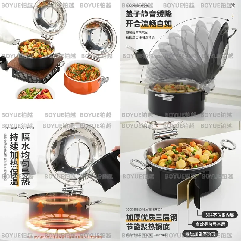 Stainless Steel Buffet Warmer Hydraulic Lid Induction Heating Pot Commercial Restaurant Breakfast Food Display Chafing Dish