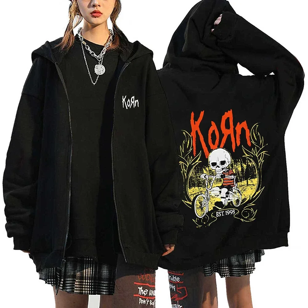 Korn Rock Hoodies WORLD TOUR Zipper Sweatshirts Korn Rock Metal Zip Up Jackets Fleece Oversized Jackets Coats Hip Hop Streetwear