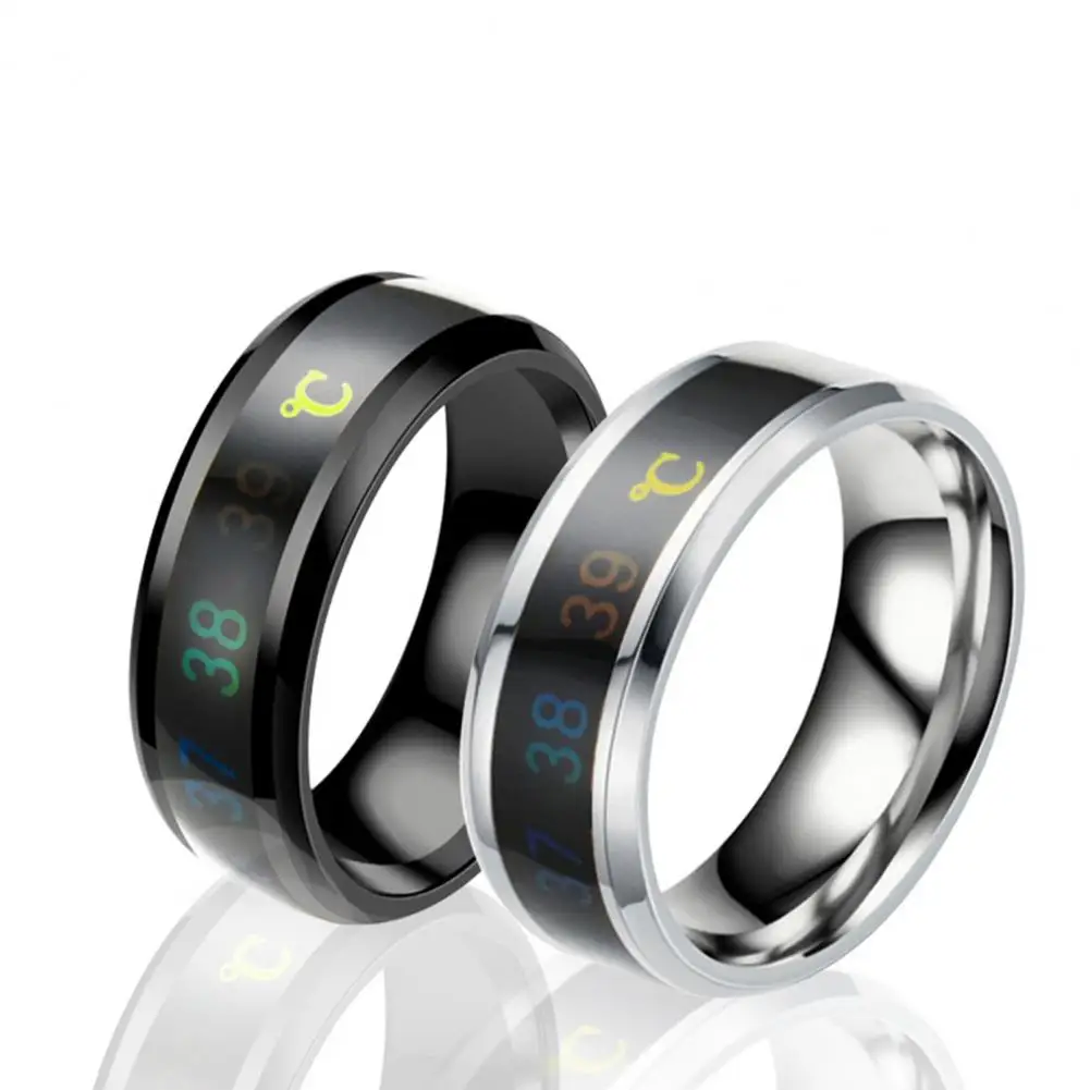 Finger Ring Temperature-sensitive Ring Intelligent Body Temperature Sensing Titanium Steel Wedding Band for Men for Couples