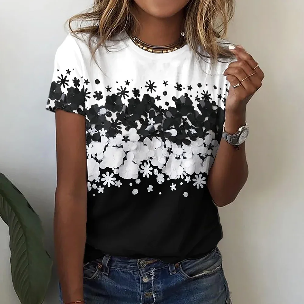 Dames plus size T-shirt, modieus bloementhema, 3D bloemenplant bedrukt T-shirt, zomerkleding, damestop met ronde hals