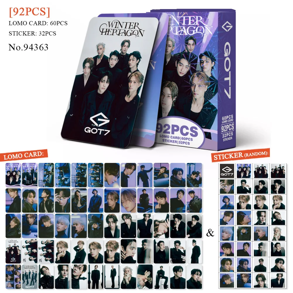 92Pcs/Set GOT7 Idol New Album WINTERHEPTAGON Lomo Cards Jackson Jay B JinYoung Mark HD Printd Photocards And Sticker Fans Gift