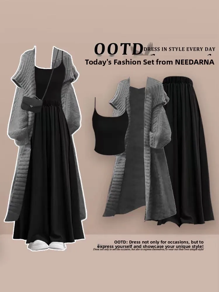 

Spring Large Size Knitted Jacket with Halter Neck Skirt Pants Three Piece Set Fashionable Loose Outerwear Women's Ensemble