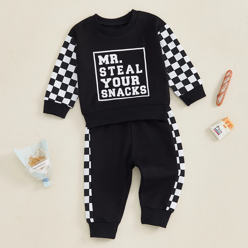 Baby Boy Fall Outfits Checkerboard Long Sleeve Letter Sweatshirt Pants Set Toddler Clothes