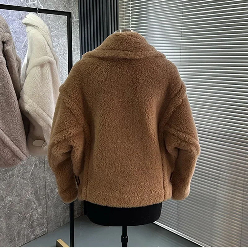 High Quality Teddy Bear Short Wool Coat Thick Natural Fur Loose Real Leather Belt Airplane Collar Warm Woolen Jacket Fit Winter